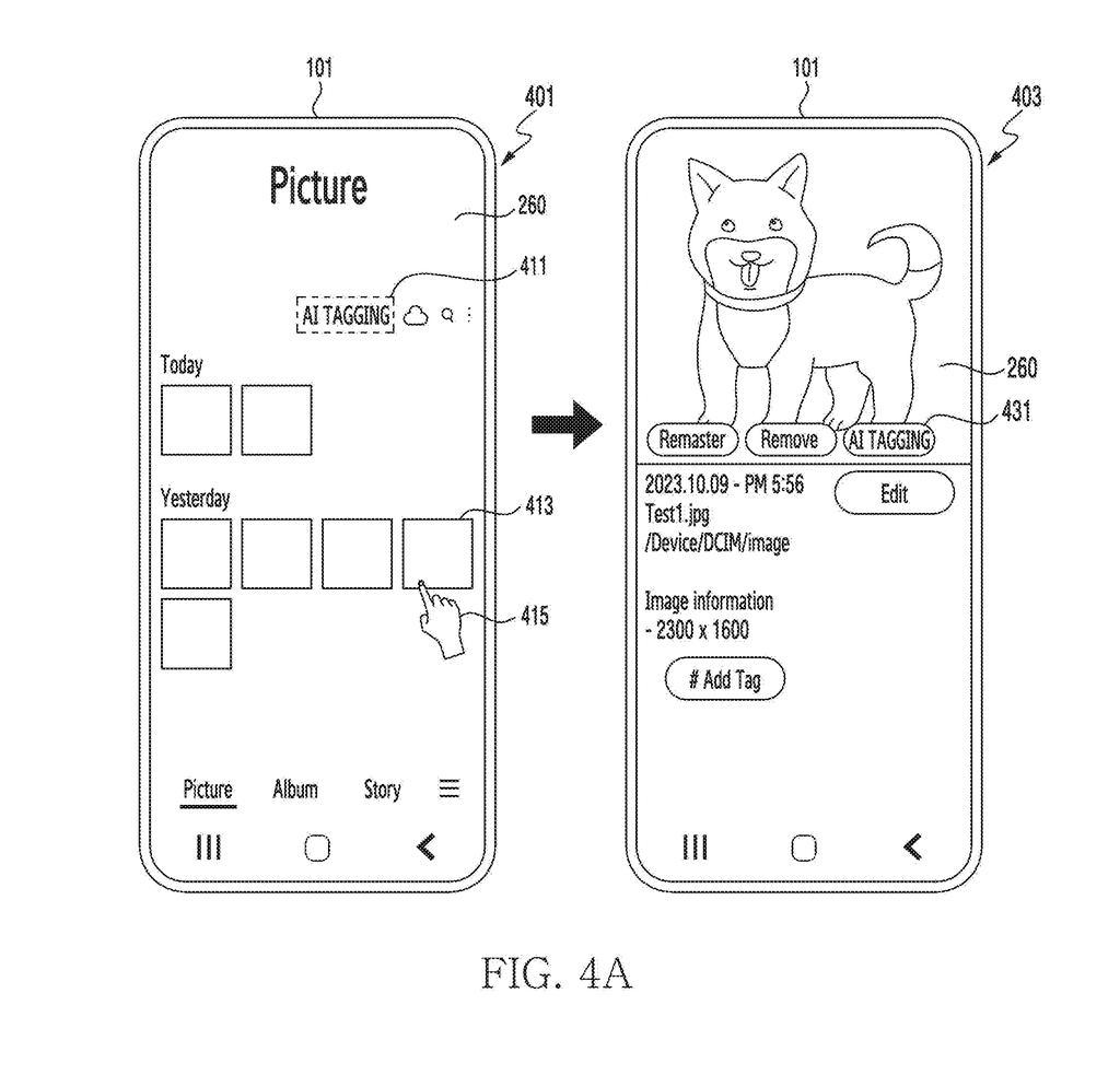 A smartphone display shows a photo gallery and an AI tagging interface for organizing images. Drawing from patent filing US 2026/0279083 A1.