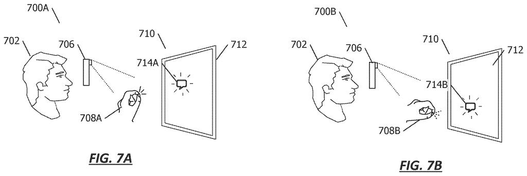 A person interacts with an augmented reality display using hand gestures, with a sensor tracking their hand movements. Drawing from patent filing US 2026/0279103 A1.