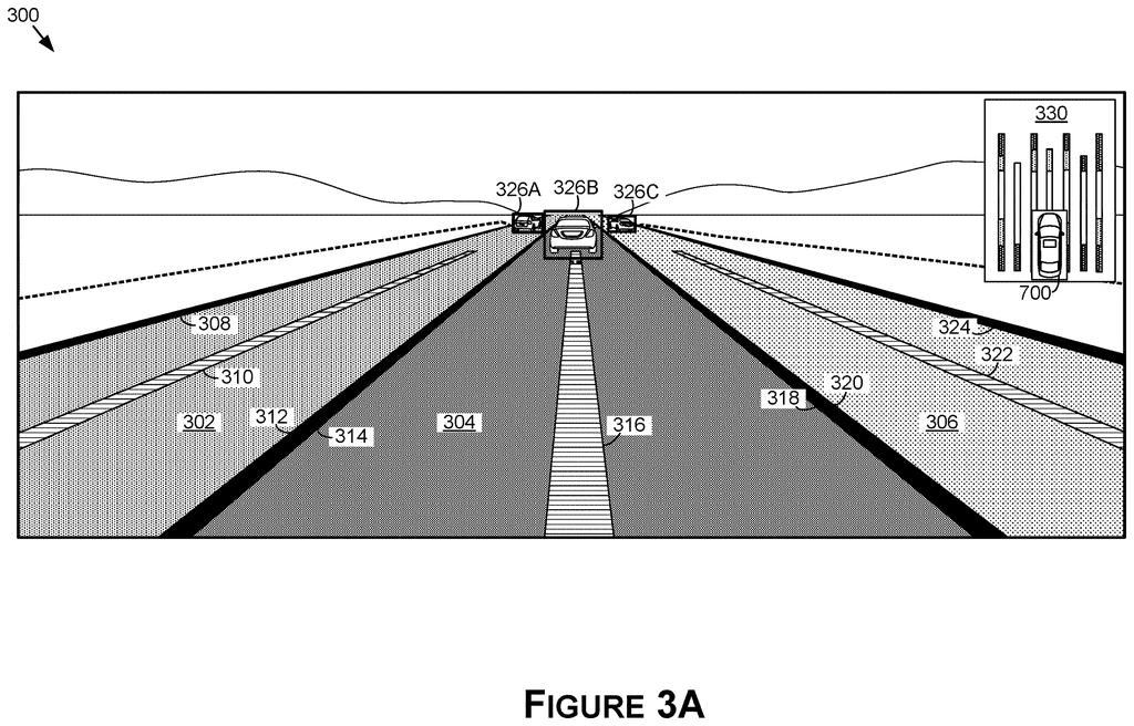 A car on a multi-lane highway with various lane markings and other vehicles, showing how the system perceives the road. Drawing from patent filing US 2026/0279202 A1.