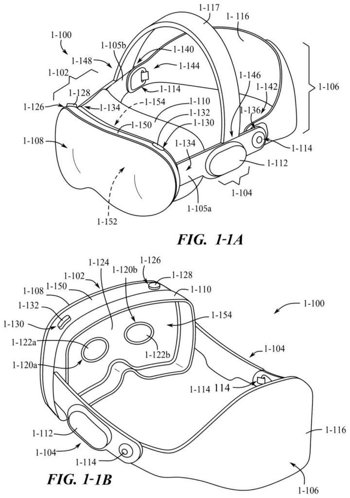 A headset with a front display and adjustable head strap, shown from both a front-side and a rear-side perspective. Drawing from patent filing US 2026/0279233 A1.