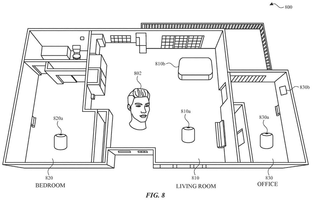 A person in a home with smart speakers in the living room, bedroom, and office, illustrating a multi-device environment. Drawing from patent filing US 2026/0279355 A1.