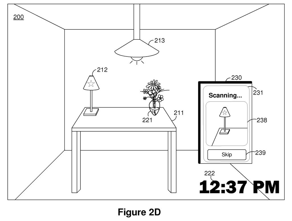 A smart device display shows a "Scanning..." message and an icon of a lamp, indicating it is identifying an object in the room. Drawing from patent filing US 2026/0279358 A1.