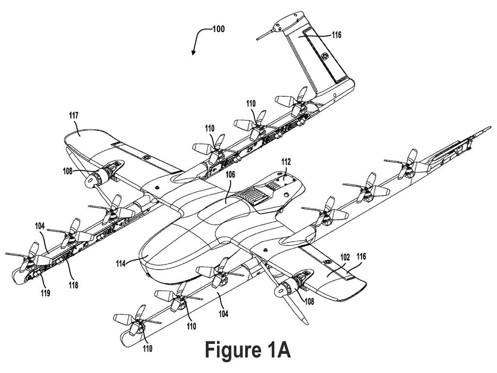 A multi-rotor drone with a central fuselage and two wing-like structures, each equipped with multiple propellers. Drawing from patent filing US 2026/0280326 A1.