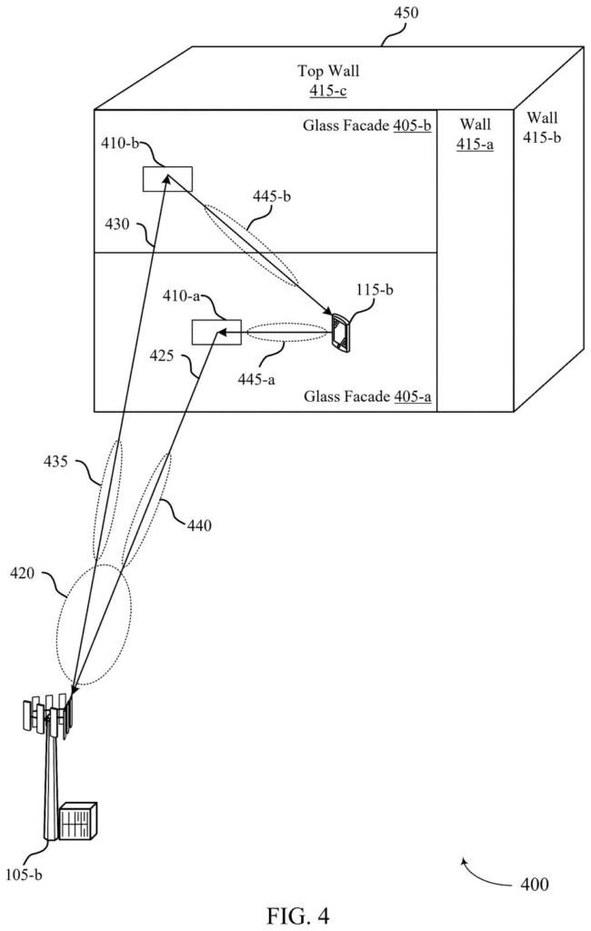 A cell tower communicates with a phone inside a building by routing signals through different glass facades. Drawing from patent filing US 2026/0280611 A1.