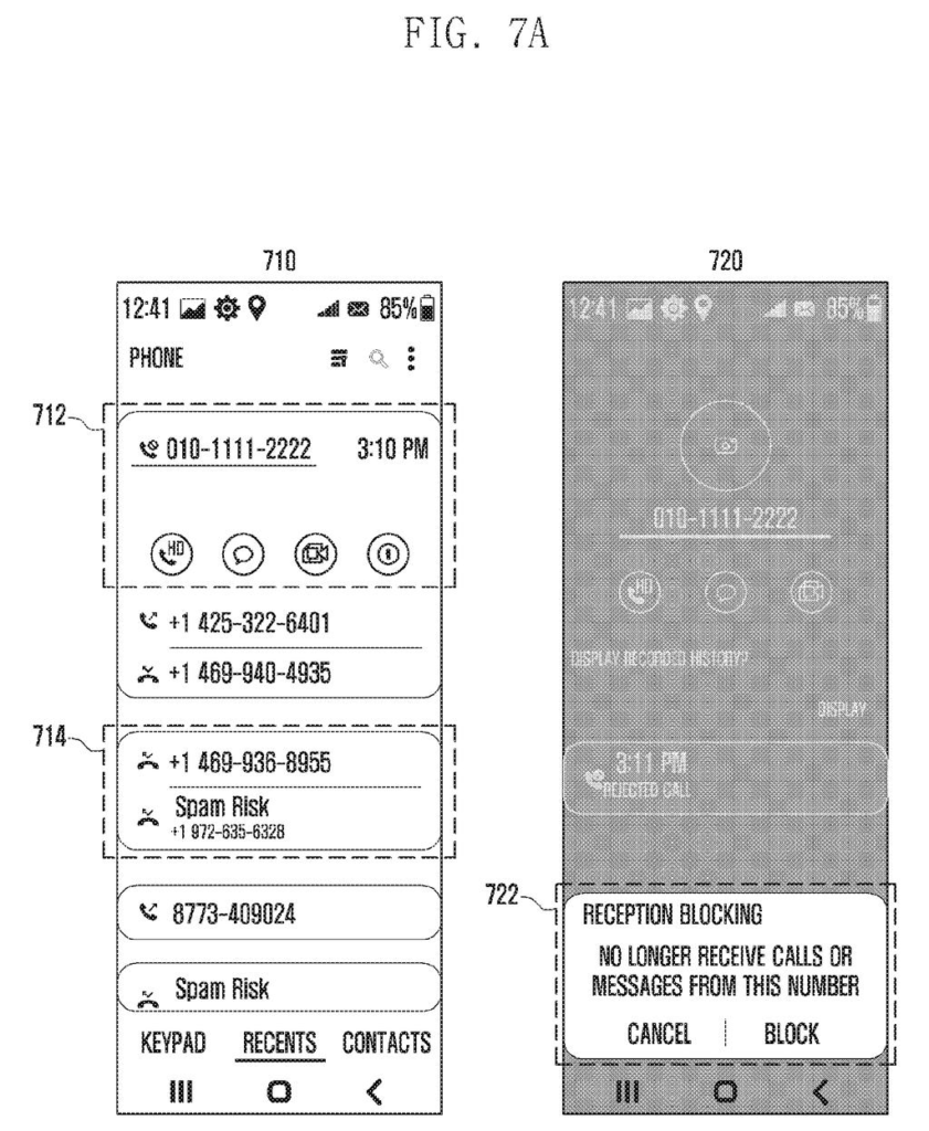 A smartphone screen displays a call log and an option to block calls from a specific number. Drawing from patent filing US 2026/0281167 A1.
