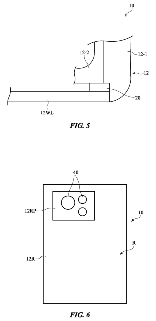 A rear view of a device with a camera bump containing multiple camera lenses. Drawing from patent filing US 2026/0281220 A1.