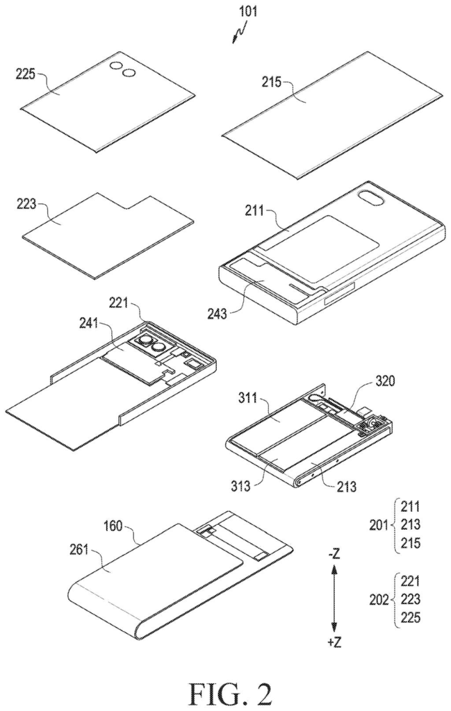 An exploded view of a folding electronic device, revealing its internal components and how they are arranged. Drawing from patent filing US 2026/0281222 A1.