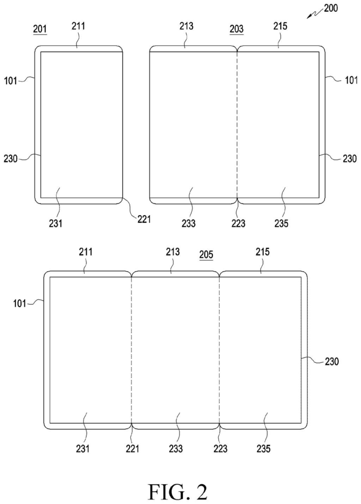 A tri-fold phone shown in its folded, partially unfolded, and fully unfolded states, revealing its flexible display. Drawing from patent filing US 2026/0281231 A1.