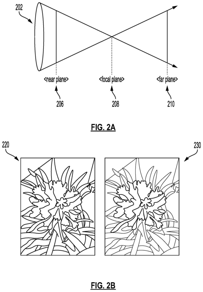 A lens and focal planes, with two images of a flower demonstrating different depths of field. Drawing from patent filing US 2026/0281298 A1.