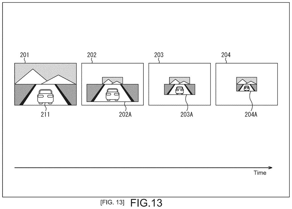 A car and landscape image sequence shows the resolution of the car decreasing over time while the overall frame size remains constant. Drawing from patent filing US 2026/0281400 A1.