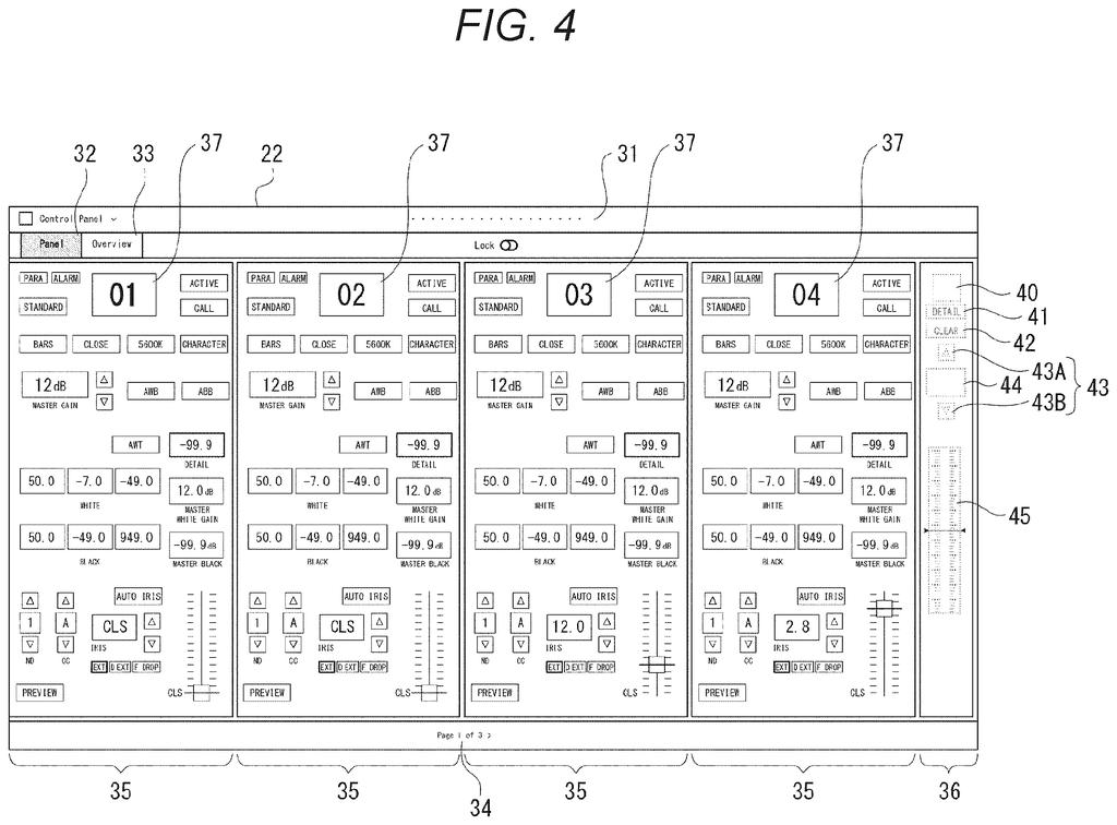 A control panel interface displays settings for multiple cameras, with individual adjustment sections and a master control. Drawing from patent filing US 2026/0281537 A1.