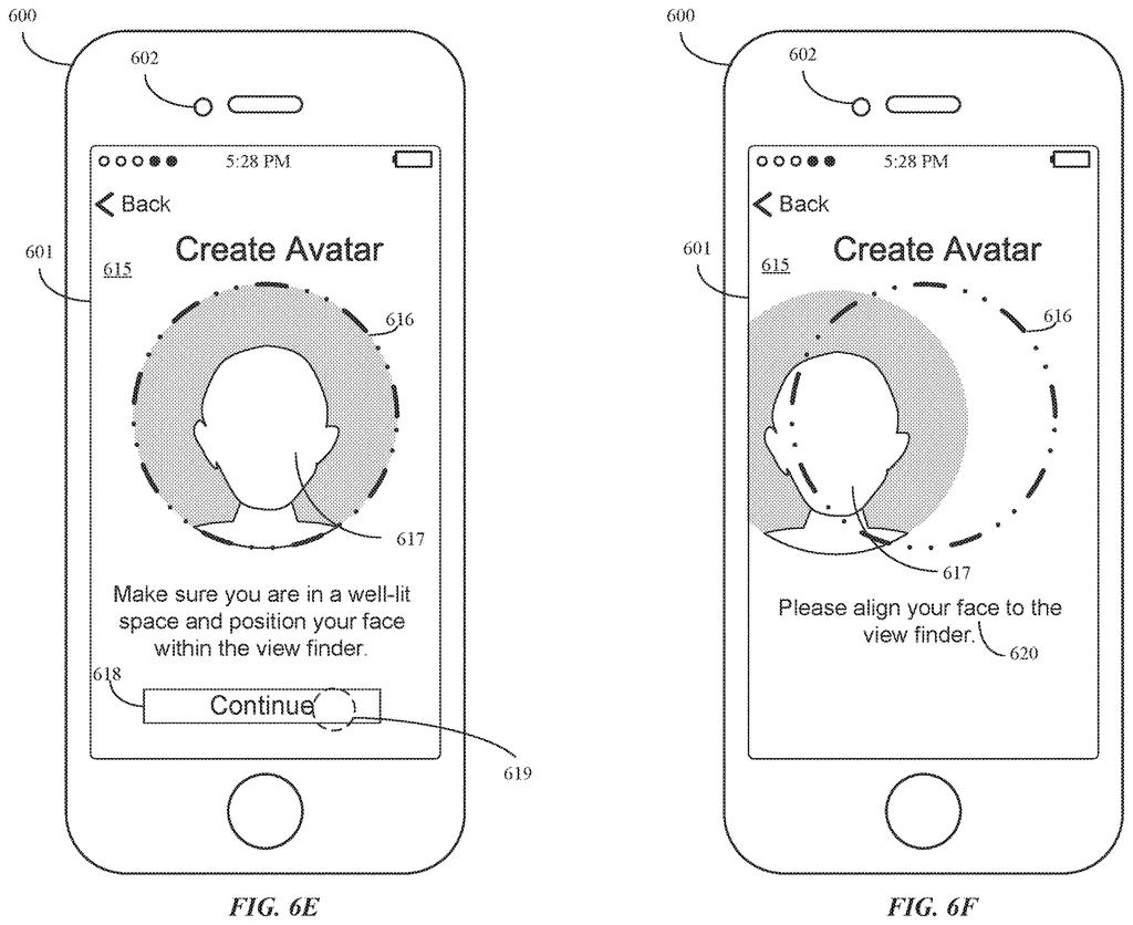 A smartphone display shows a "Create Avatar" screen with a circular viewfinder and a placeholder face, along with instructions to align the user's face. Drawing from patent filing US 2026/0281543 A1.