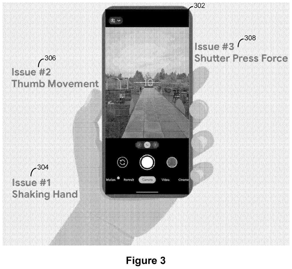 A smartphone held in a hand displays a camera viewfinder, highlighting common issues like shaking and thumb movement during photo capture. Drawing from patent filing US 2026/0281550 A1.