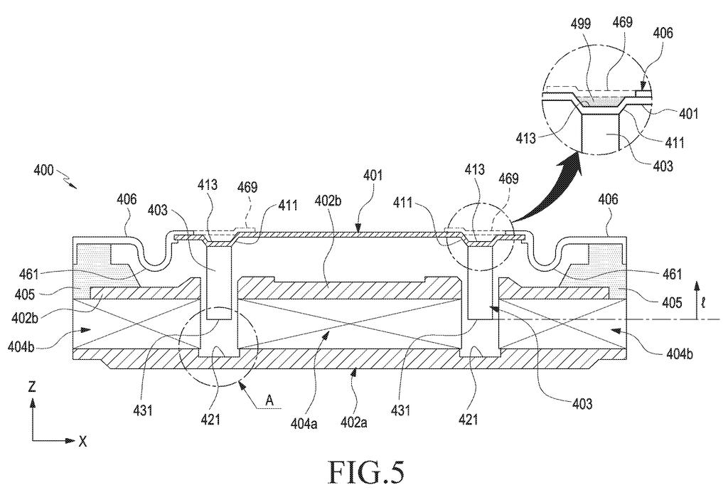 A cross-sectional view of the new speaker design, highlighting the coil and its unique placement within the magnetic structure. Drawing from patent filing US 2026/0281626 A1.