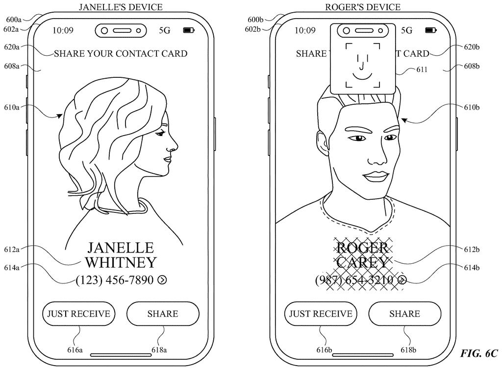 Two people sharing contact cards between their phones, showing their images, names, and phone numbers on each device. Drawing from patent filing US 2026/0281681 A1.