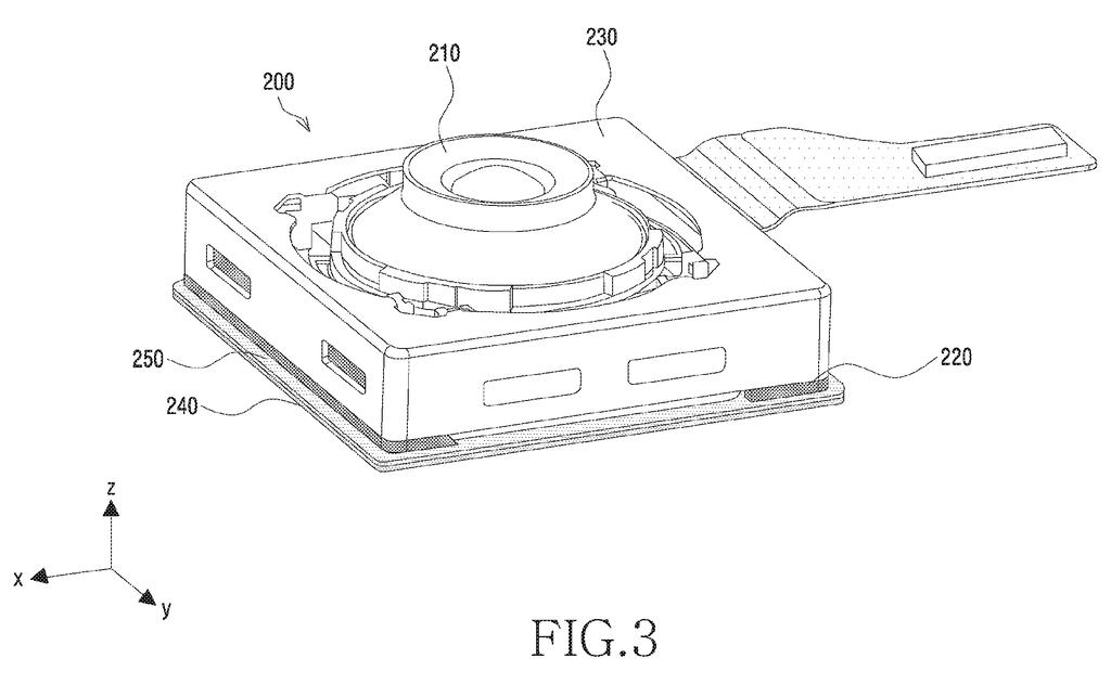 A camera module with a lens and housing, designed to be thinner for electronic devices. Drawing from patent filing US 2026/0282235 A1.