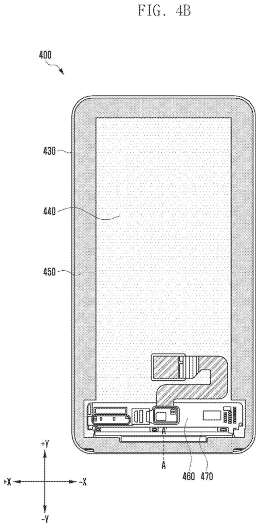 A cross-section of a smartphone's curved display and its waterproof frame. Drawing from patent filing US 2026/0282259 A1.