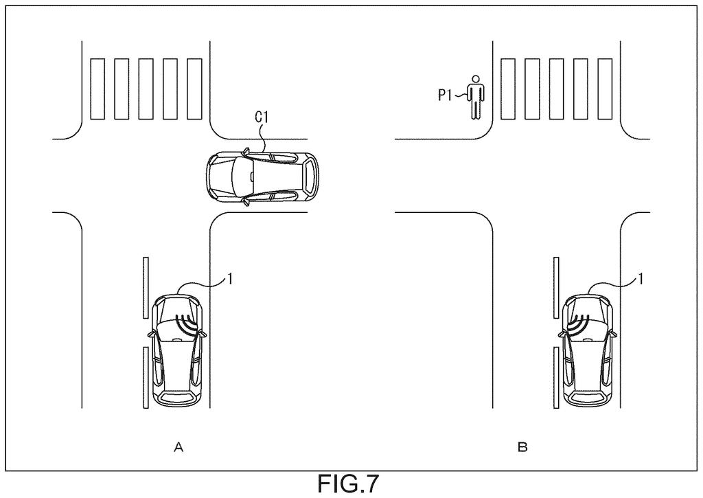 A vehicle navigating an intersection, with another car in scenario A and a pedestrian in scenario B, illustrating potential dangers. Drawing from patent filing US 2026/0285347 A1.