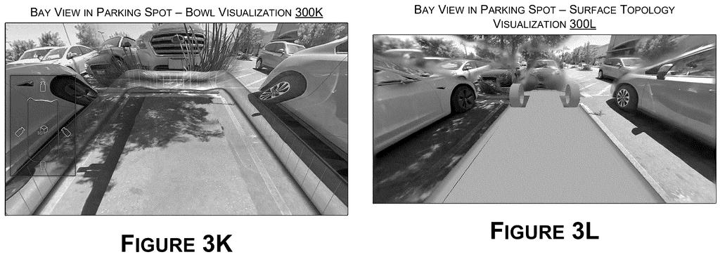 A bay view in a parking spot, showing both bowl and surface topology visualizations for parking assistance. Drawing from patent filing US 2026/0285348 A1.