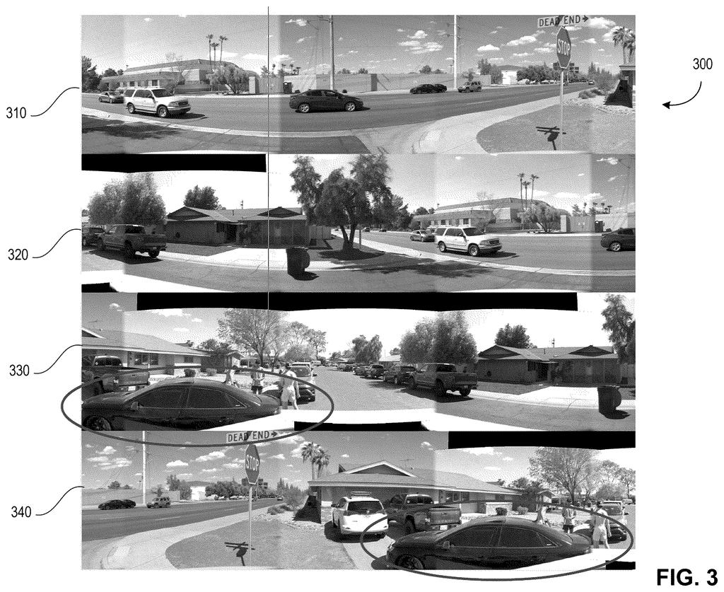 Multiple camera views capture a street intersection, showing parked cars and a "DEAD END" sign, illustrating the visual data an autonomous vehicle processes. Drawing from patent filing US 2026/0285357 A1.