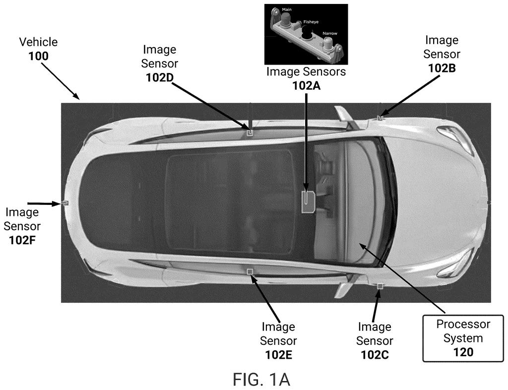A Tesla vehicle with multiple image sensors positioned around its exterior, feeding data to a processor system. Drawing from patent filing US 2026/0285363 A1.