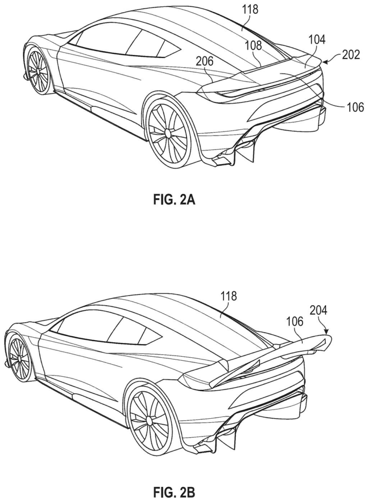 A car with a hidden rear wing (top) and the same car with the wing deployed (bottom). Drawing from patent filing US 2026/0285418 A1.
