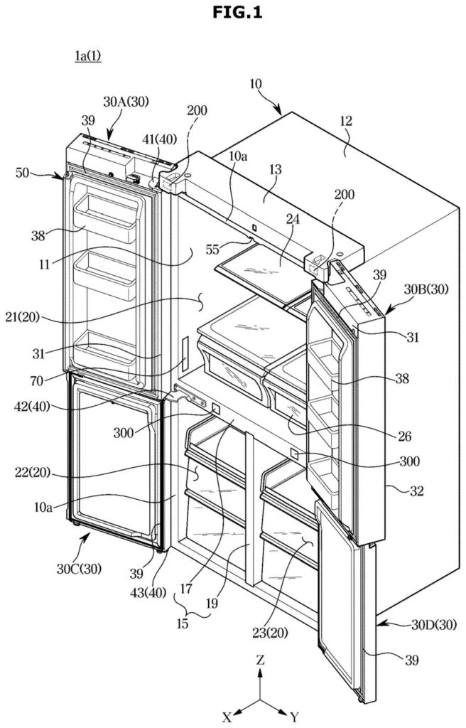 A refrigerator with multiple doors open, revealing internal compartments and the placement of door and object sensors. Drawing from patent filing US 2026/0287246 A1.