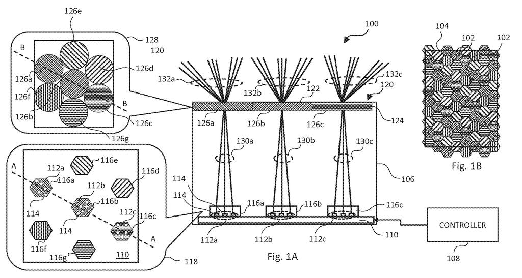 A cross-section of a tiny light projector system, showing light sources, lenses, and a detector array mapping a surface with precise dot patterns. Drawing from patent filing US 2026/0287835 A1.