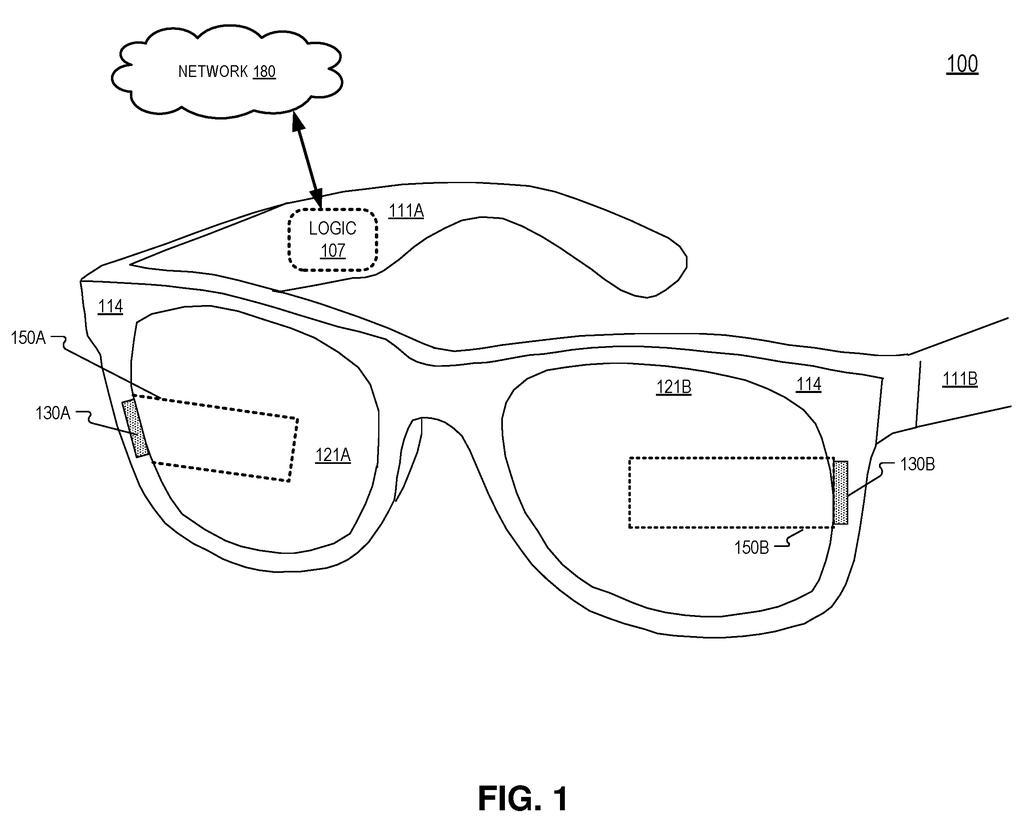 AR glasses with embedded logic and display areas, connected to a network. Drawing from patent filing US 2026/0287906 A1.