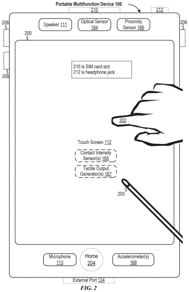 A portable multifunction device, possibly a smartphone or tablet, with a hand and stylus interacting with its touch screen. Drawing from patent filing US 2026/0288080 A1.