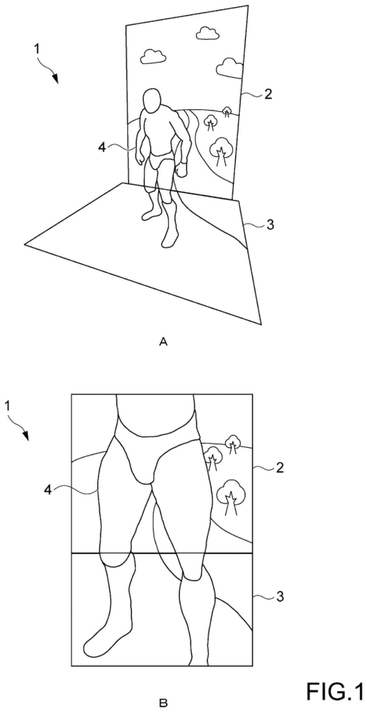 A person stands within an immersive display system, featuring a back panel and a floor panel that create a continuous visual environment. Drawing from patent filing US 2026/0288235 A1.