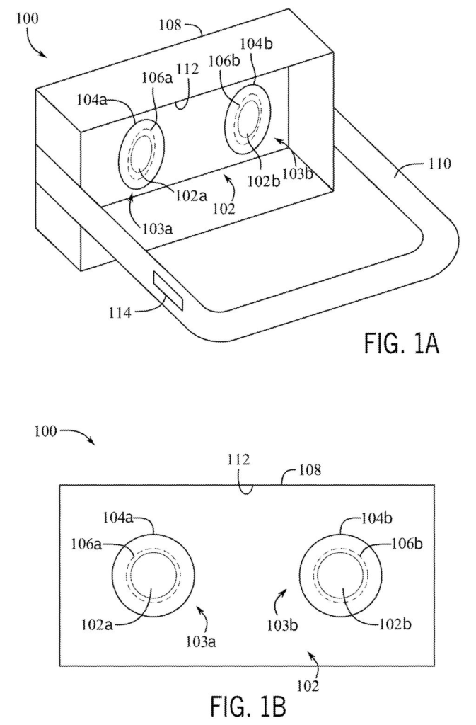A headset's eye-tracking system with two lenses and sensors, integrated into a larger device. Drawing from patent filing US 2026/0288239 A1.