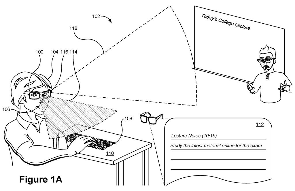 A person wearing augmented reality glasses types on a virtual keyboard projected onto a table while viewing a college lecture and notes. Drawing from patent filing US 2026/0288249 A1.