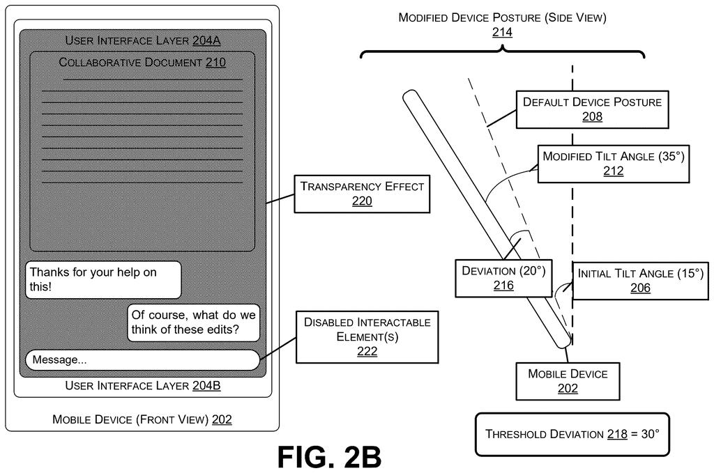 A mobile device displays a collaborative document with a transparency effect, while a side view shows the device's modified tilt angle and deviation from its default posture. Drawing from patent filing US 2026/0288256 A1.