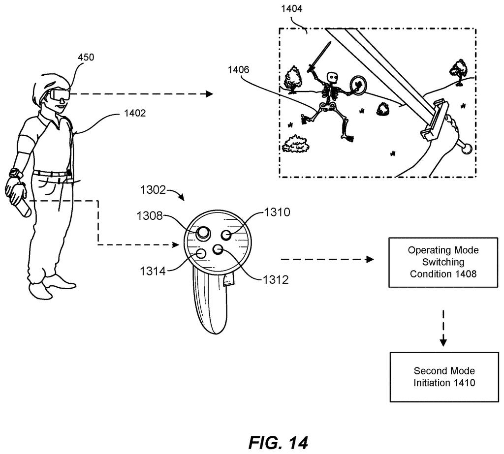 A person wearing an augmented reality headset uses a handheld controller to interact with a virtual skeleton in a game. Drawing from patent filing US 2026/0288266 A1.