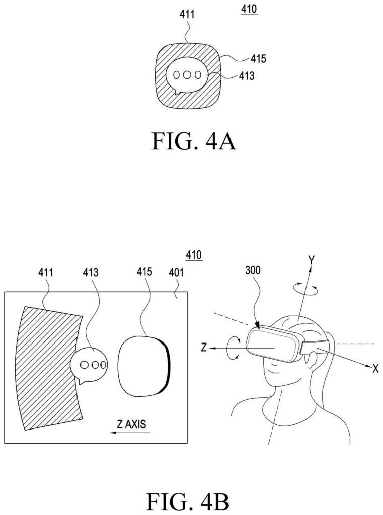 A person wearing a virtual reality headset interacts with 3D icons that appear to float in space. Drawing from patent filing US 2026/0288300 A1.