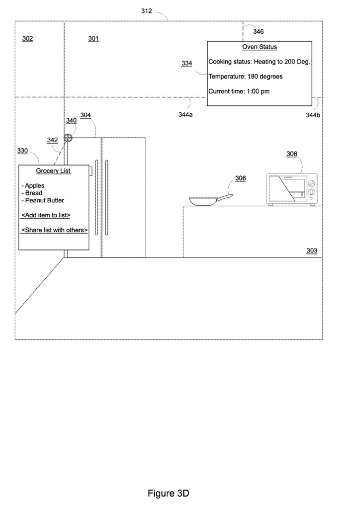 A person in a kitchen sees a grocery list widget on the refrigerator and an oven status widget on the wall through a portable device. Drawing from patent filing US 2026/0288301 A1.