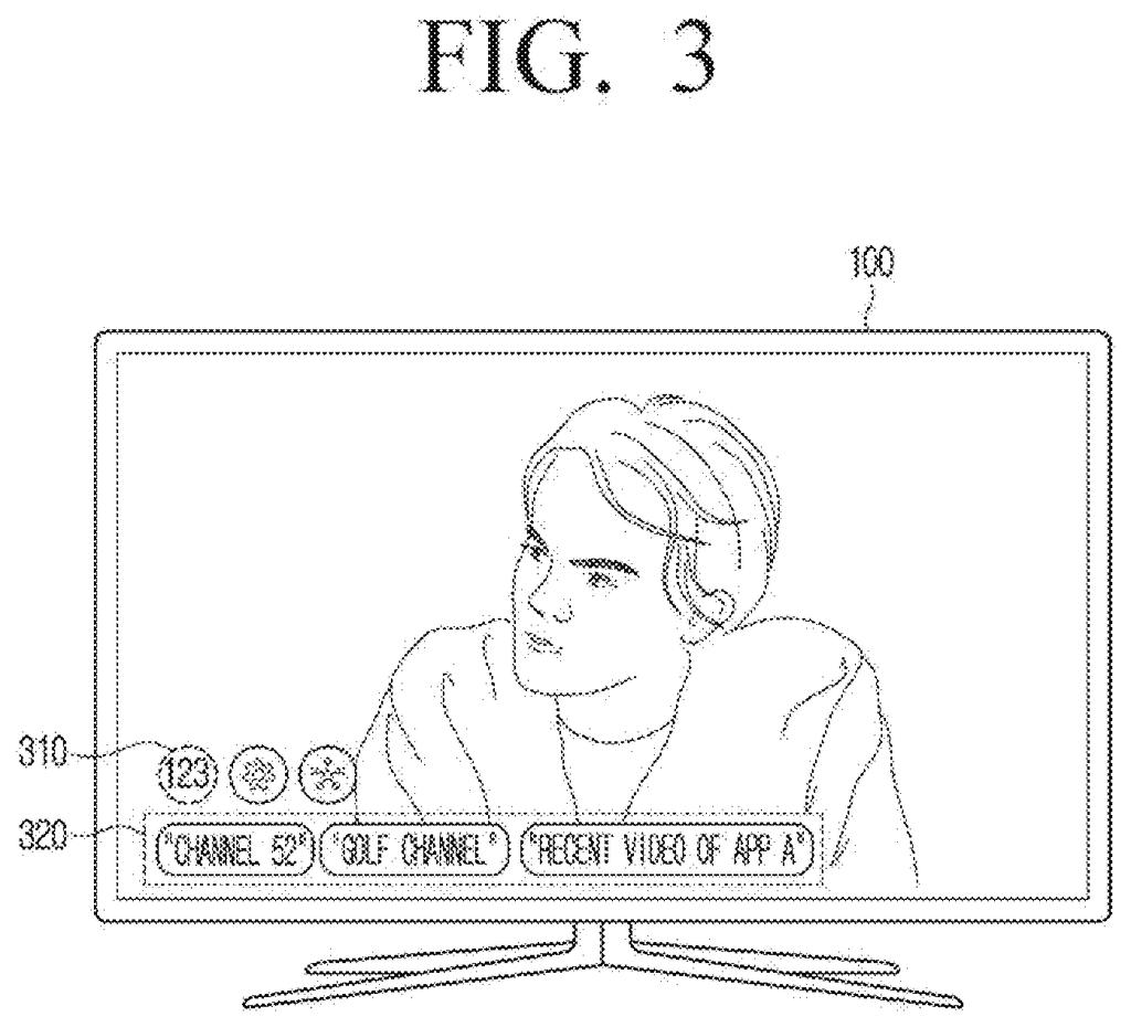 A television display shows a video with suggested operations for channels and recent videos at the bottom. Drawing from patent filing US 2026/0288313 A1.