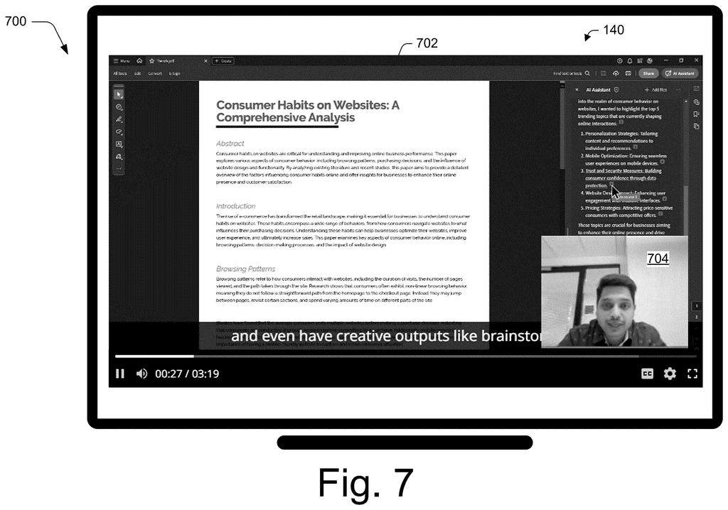 A composite recording displays a web page alongside a user's webcam feed, demonstrating selective screen capture. Drawing from patent filing US 2026/0288316 A1.