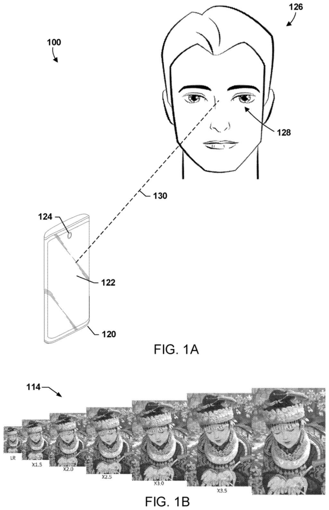 A smartphone detects the distance to a user's eyes to adjust the speed of a zoom animation on its display. Drawing from patent filing US 2026/0288317 A1.