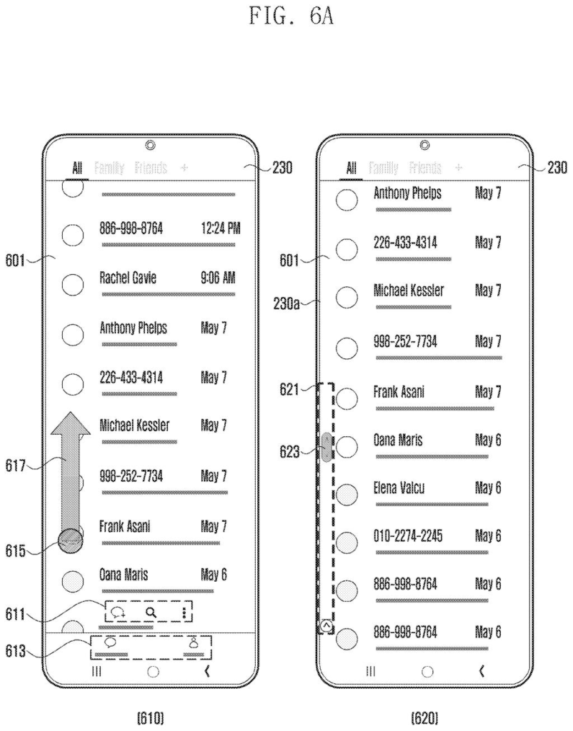A phone screen displays a list of messages, with a scroll bar appearing on the left side in response to a thumb gesture. Drawing from patent filing US 2026/0288324 A1.