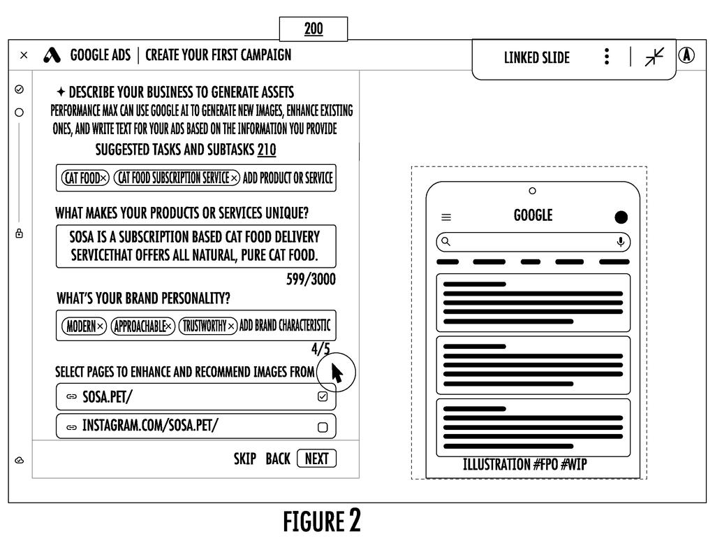 A Google Ads interface for creating a campaign, showing suggested tasks and subtasks, and a phone displaying search results. Drawing from patent filing US 2026/0288891 A1.