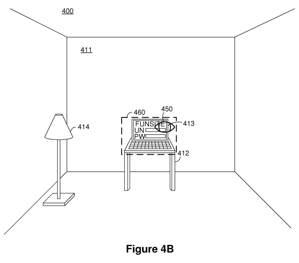 A user's eye gaze is directed at a laptop screen, which displays a login prompt, within a room. Drawing from patent filing US 2026/0288925 A1.