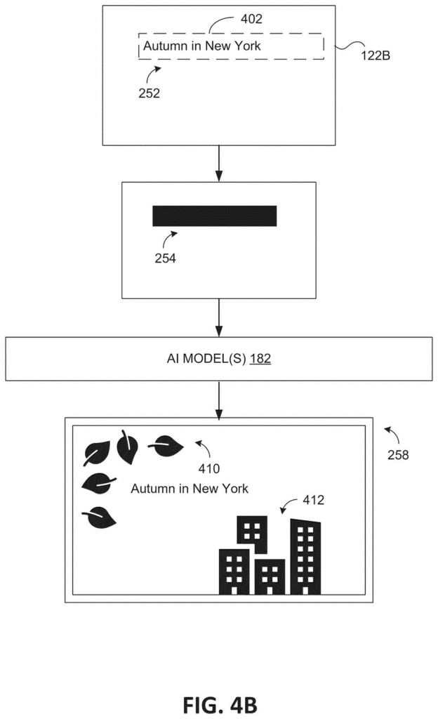 An electronic document with "Autumn in New York" as primary content is decorated with autumn leaves and city buildings as secondary content. Drawing from patent filing US 2026/0289068 A1.