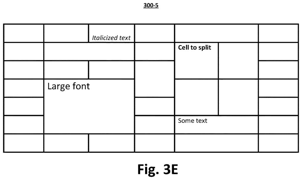 A table with a "Cell to split" that has been automatically divided into four smaller cells, demonstrating the patent's function. Drawing from patent filing US 2026/0289098 A1.