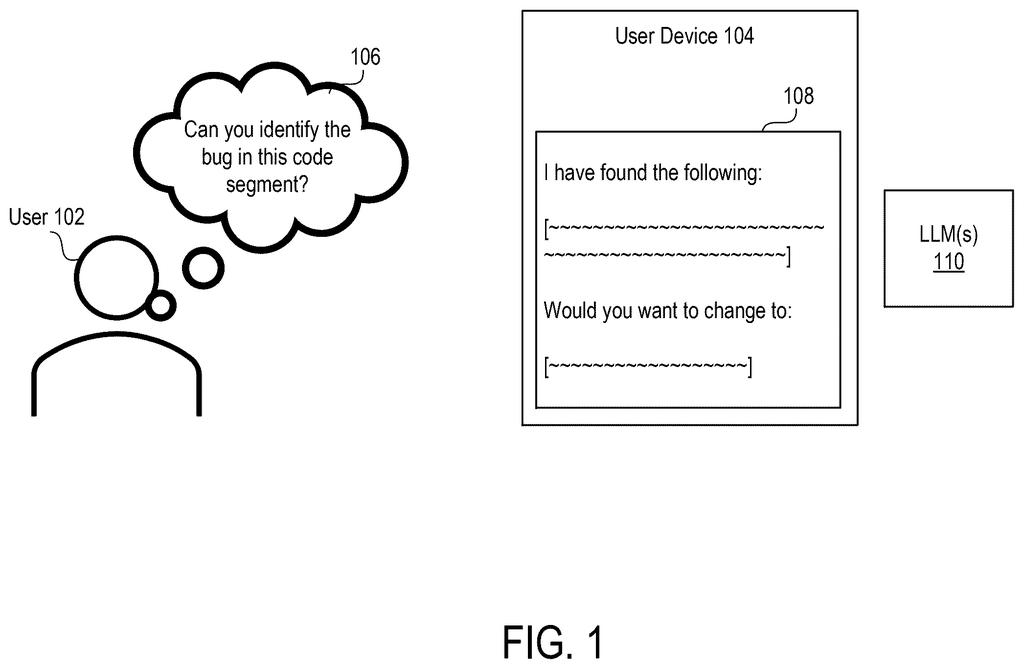 A user interacts with a device displaying an AI's suggested code corrections. Drawing from patent filing US 2026/0289105 A1.