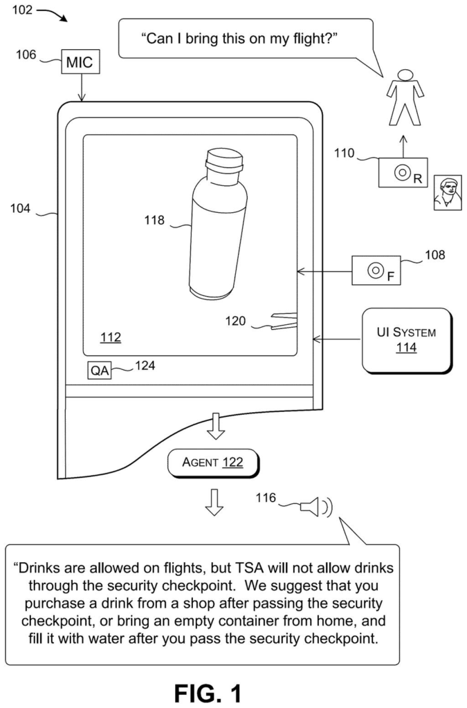 A person asks a conversational bot if they can bring a drink bottle on a flight, with the bot analyzing the object via a camera feed. Drawing from patent filing US 2026/0289154 A1.