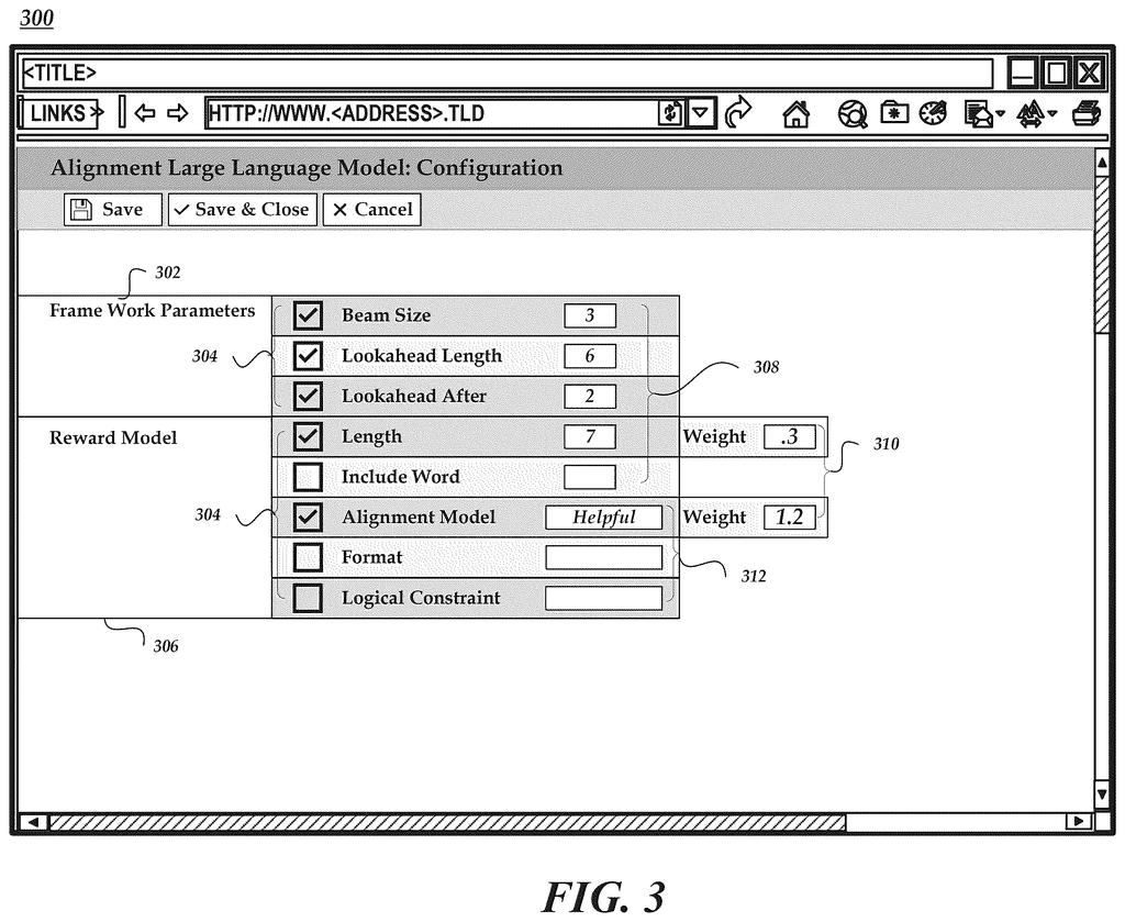 A user interface for configuring an alignment large language model, showing options for framework parameters and reward model settings. Drawing from patent filing US 2026/0289158 A1.