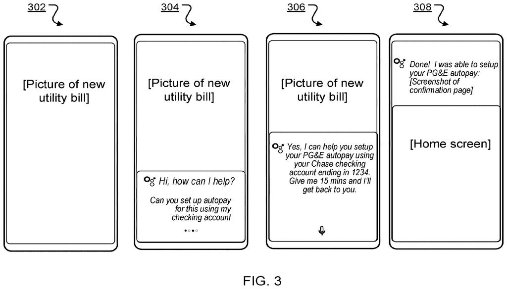 A smartphone screen shows an automated assistant setting up autopay for a utility bill, demonstrating the AI's interaction with apps. Drawing from patent filing US 2026/0289251 A1.