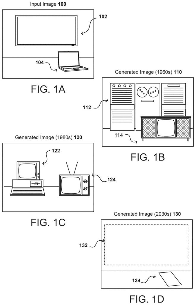 An input image of a modern living room is transformed to show how its objects would appear in the 1960s, 1980s, and 2030s. Drawing from patent filing US 2026/0289296 A1.
